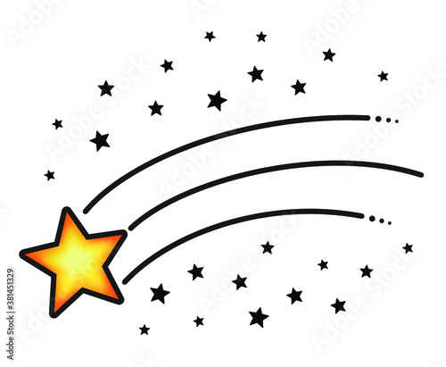 Clip art color illustration of shooting star with small stars