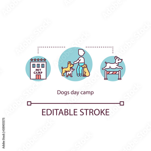 Dogs day camp concept icon. Practice daily manners. Dog boarding services. Pet behavior training idea thin line illustration. Vector isolated outline RGB color drawing. Editable stroke