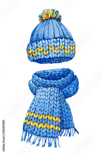 Winter or autumn blue knitted hat and a scarf, a set for a boy. Hand drawn closeup watercolor illustration. Design of a business card for a needlewoman, knitted knitted goods, icon, logo, tag