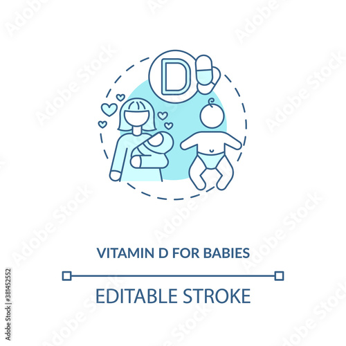 Vitamin D for babies concept icon. Needed supplement idea thin line illustration. Daily supplements. Mother and child. Formula-fed newborns. Vector isolated outline RGB color drawing. Editable stroke