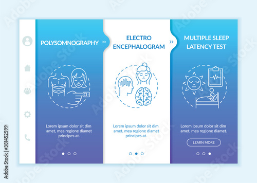 Multiple sleep latency test onboarding vector template. Hypersomnia examination. Health care. Responsive mobile website with icons. Webpage walkthrough step screens. RGB color concept