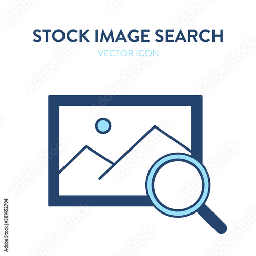 Image search icon. Vector illustration of stock photo symbol with magnifier tool. Represents concept of selling photos, illustrations and images, stock images, search and find visual design elements