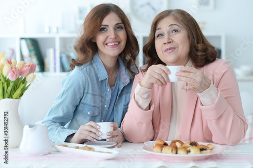 Mature woman talking with adult daughter while drinking tea at kitchen