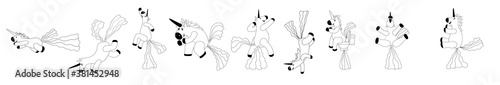 Set Unicorns smiling pooping a rainbow, fantasy cute character beast multicolored shit turd, lineart