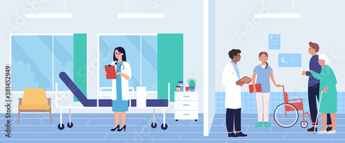 Old people in hospital vector illustration. Cartoon flat elderly hospitalized woman character visiting doctor team for diagnosis checkup and medical treatment. Disabled healthcare, medicine background