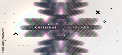 New Year holiday concept modern design with geometric 3d elements and 80s memphis bright style. Christmas techno party art with abstract shapes. Vector illustration