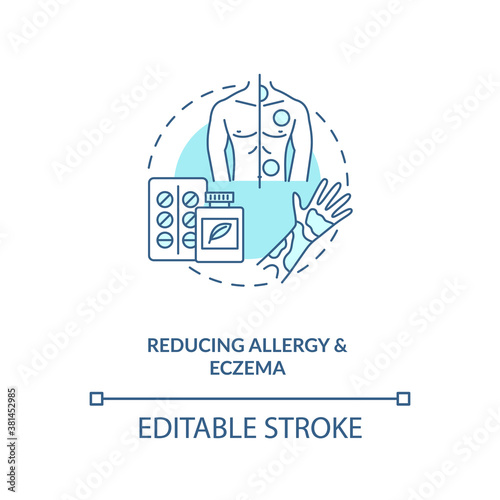Reducing allergy and eczema concept icon. Probiotics health benefits idea thin line illustration. Seasonal allergies healing. Vector isolated outline RGB color drawing. Editable stroke