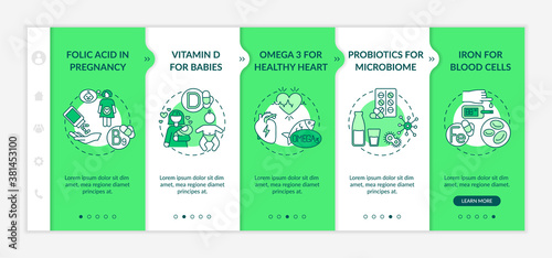 Vitamins and supplements onboarding vector template. For pregnancy, babies, healthy heart. Responsive mobile website with icons. Webpage walkthrough step screens. RGB color concept