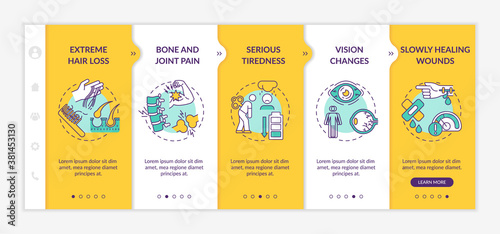 Vitamin shortages onboarding vector template. Hair loss, bone and joint pain, serious tiredness. Responsive mobile website with icons. Webpage walkthrough step screens. RGB color concept