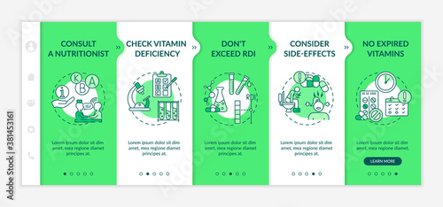 Recommended daily vitamins intake onboarding vector template. Consultation with nutritionist. Responsive mobile website with icons. Webpage walkthrough step screens. RGB color concept