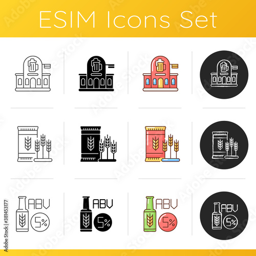 Beer brewing factory icons set. Pub and bar. Malted barley for ale production. Alcohol by volume in bottled beverage. Linear, black and RGB color styles. Isolated vector illustrations photo