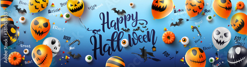 carte ou bandeau sur "happy halloween" en noir sur un fond bleu avec autour des ballon, citrouille, sorcière sur son balais, chauve souris, yeux