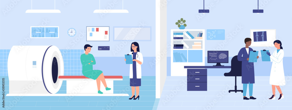 Mri scanner examination vector illustration. Cartoon flat medical scan  hospital lab room with Mri machine, doctor characters exam patient, discuss  diagnosis and treatment. Medicine research background Stock Vector | Adobe  Stock