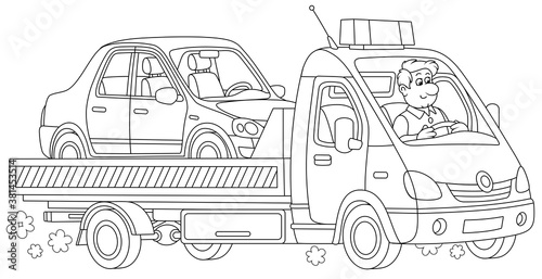 Funny driver in a breakdown truck carrying a broken car to a service center, black and white outline vector cartoon illustration for a coloring book page