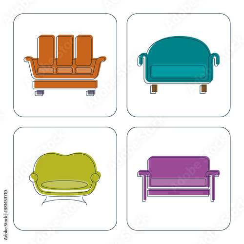 Comfortable sofa with pillows. Image of couch in thin line art style. Element furniture of the interior. Modern stylish object for relaxation. Set flat illustration with settee on white background