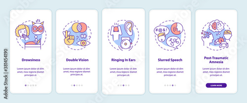 Head trauma onboarding mobile app page screen with concepts. Problem after injury. Brain health care walkthrough 5 steps graphic instructions. UI vector template with RGB color illustrations