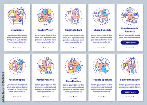Neurological problem sign onboarding mobile app page screen with concepts set. Brain health care walkthrough 5 steps graphic instructions. UI vector template with RGB color illustrations