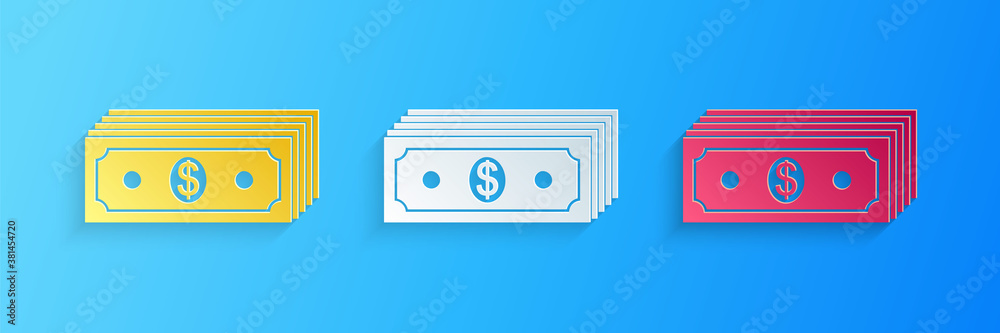 Paper cut Paper money american dollars cash icon isolated on blue background. Money banknotes stack with dollar icon. Bill currency. Paper art style. Vector. Paper cut Paper money american dollars cash icon isolated on blue background. Money banknotes stack with dollar icon. Bill currency. Paper art style. Vector.