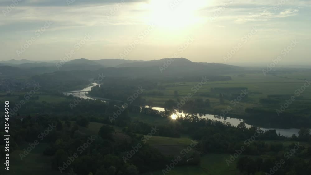 Landscape on Po river and vegetation at sunset, aerial view, Monferrato, Northern Italy. Landscape on Po river and vegetation at sunset, aerial view, Monferrato, Northern Italy.