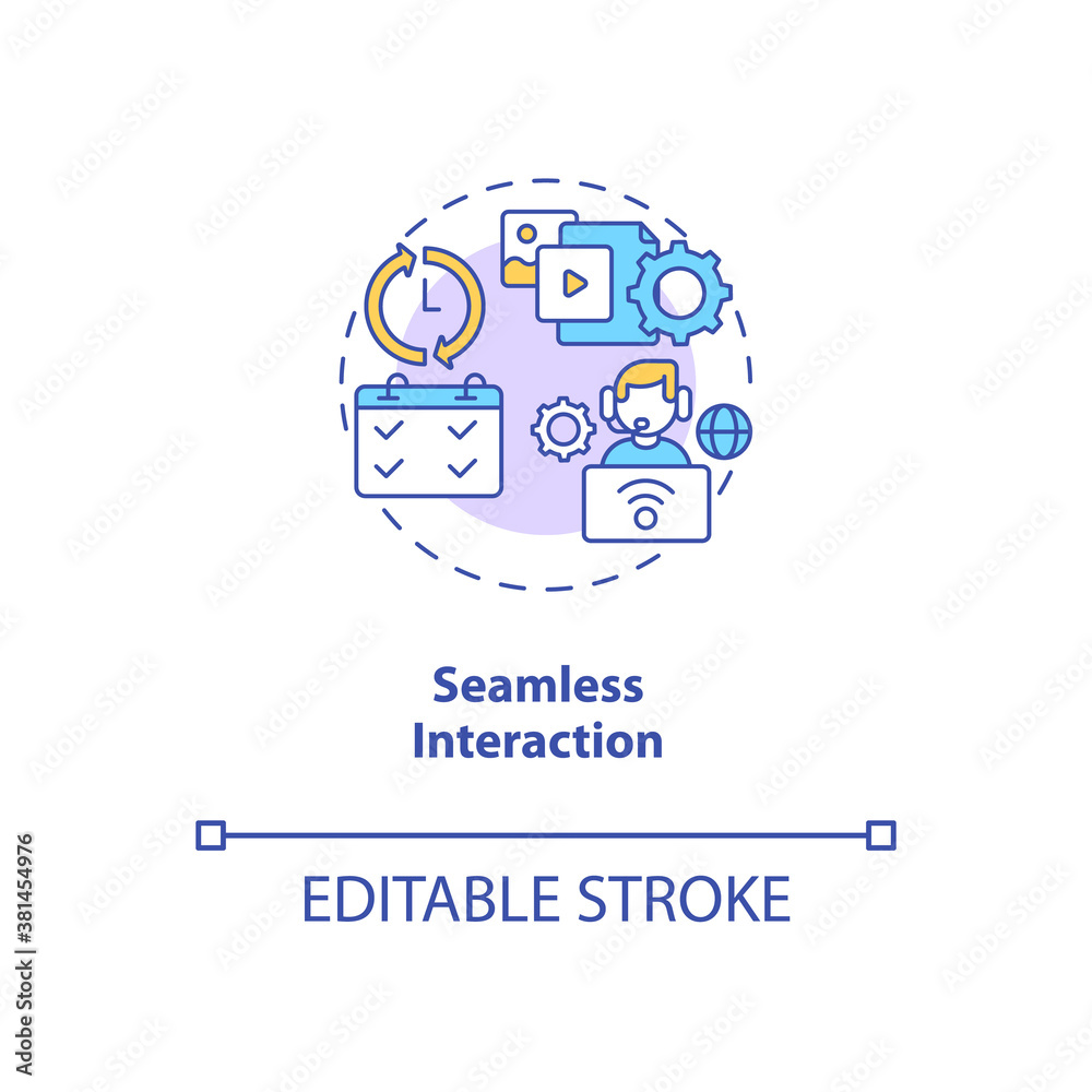 Seamless interaction concept icon. App feature idea thin line illustration. Remote work experience. Team communication. Collaborative tools. Vector isolated outline RGB color drawing. Editable stroke Seamless interaction concept icon. App feature idea thin line illustration. Remote work experience. Team communication. Collaborative tools. Vector isolated outline RGB color drawing. Editable stroke
