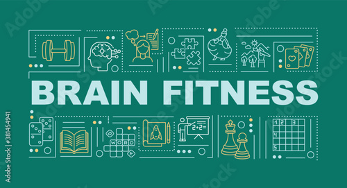 Brain fitness word concepts banner. Techniques to keep your brain young. Infographics with linear icons on blue background. Isolated typography. Vector outline RGB color illustration
