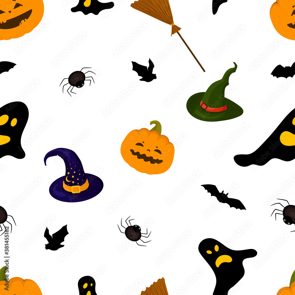 Halloween symbols seamless pattern with pumpkins, spiders, brooms, hats, ghosts and bats. Ornament on white background.