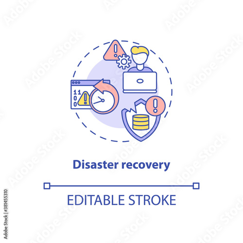 Disaster recovery concept icon. Security parameter idea thin line illustration. Disruptions prevention in business functions. Software tool. Vector isolated outline RGB color drawing. Editable stroke