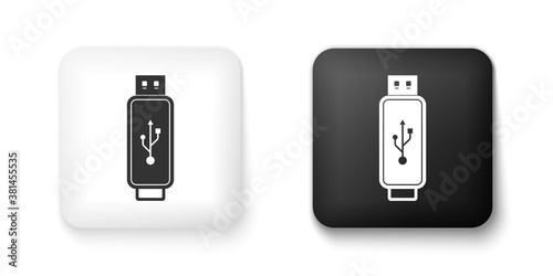 Black and white USB flash drive icon isolated on white background. Square button. Vector.
