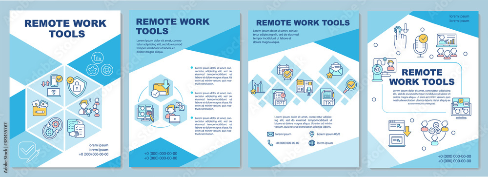 Remote work tools brochure template. Remote project management. Flyer, booklet, leaflet print, cover design with linear icons. Vector layouts for magazines, annual reports, advertising posters