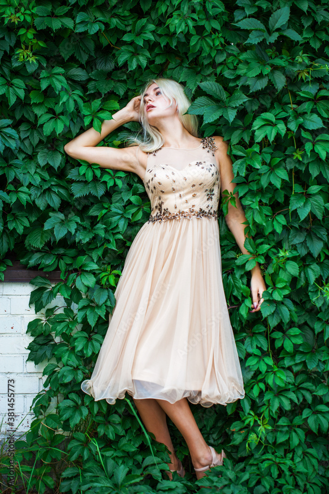 Young beautiful blonde in ivy, summer park outdoors Young beautiful blonde in ivy, summer park outdoors