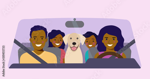 Funny  afro american family driving in car front. Vector flat style illustration