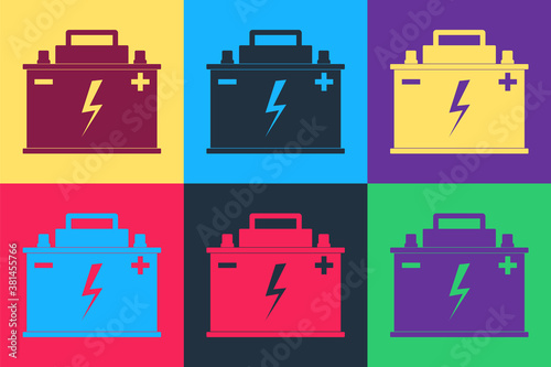 Pop art Car battery icon isolated on color background. Accumulator battery energy power and electricity accumulator battery. Lightning bolt symbol. Vector.