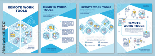 Remote work tools brochure template. Remote project management. Flyer, booklet, leaflet print, cover design with linear icons. Vector layouts for magazines, annual reports, advertising posters
