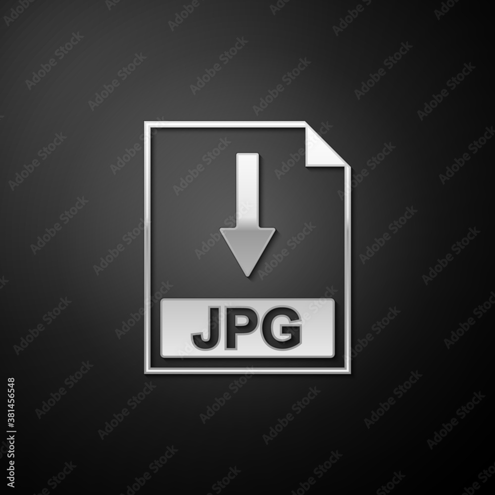Silver JPG file document icon. Download JPG button icon isolated on black background. Long shadow style. Vector. Silver JPG file document icon. Download JPG button icon isolated on black background. Long shadow style. Vector.