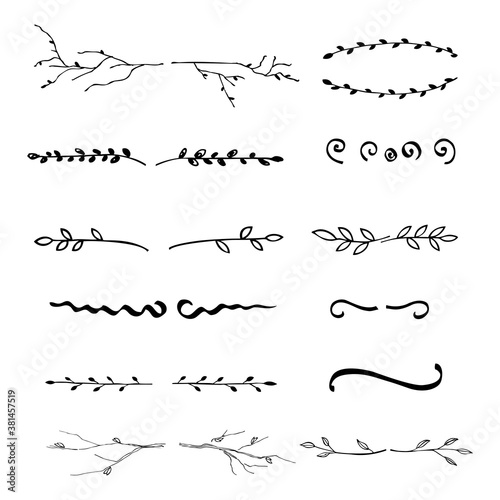 Ink hand drawn vignettes and dividers of tree branches. Grunge floral doodle elements. Graphic design decorations. Vector set.
