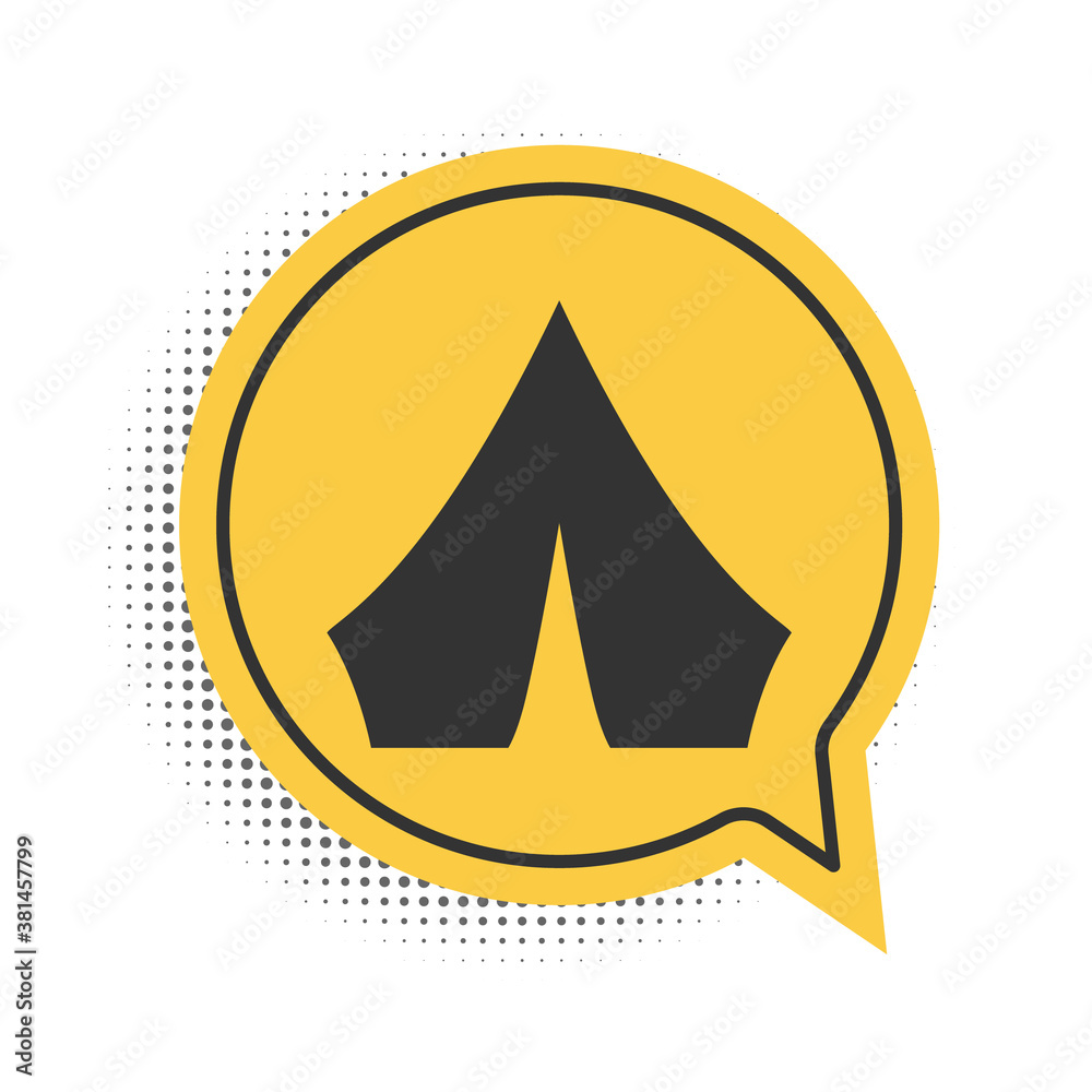 Black Tourist tent icon isolated on white background. Camping symbol. Yellow speech bubble symbol. Vector. Black Tourist tent icon isolated on white background. Camping symbol. Yellow speech bubble symbol. Vector.