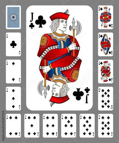 Playing cards of Clubs suit on a green background. Original design. New design of playing cards.