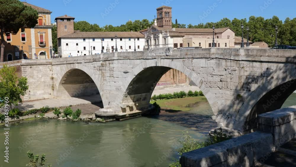Pons Cestius (Italian: Ponte Cestio) bridge over Tiber river in city of Rome, Italy, Roman stone bridge built around the 1st century BC.
