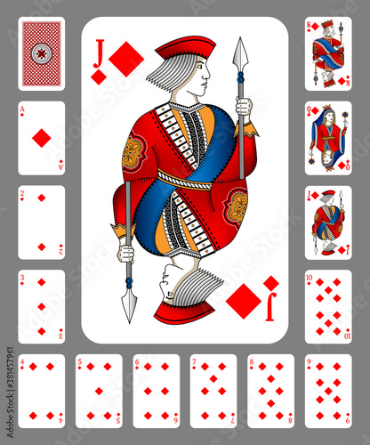 Playing cards of Diamonds suit on a grey background. Original design. New design of playing cards.