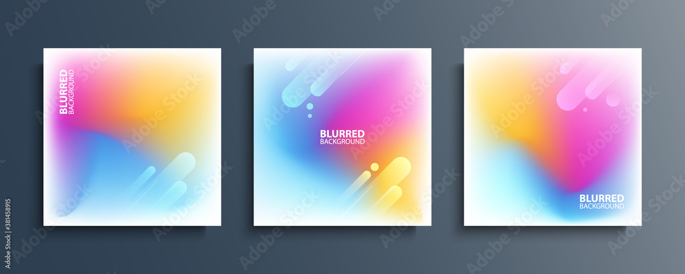 Blurred backgrounds collection with modern bright abstract blurred color gradient patterns. Smooth templates set for covers, posters, banners and cards. Vector illustration.