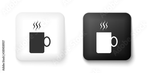 Black and white Coffee cup flat icon isolated on white background. Tea cup. Hot drink coffee. Square button. Vector.
