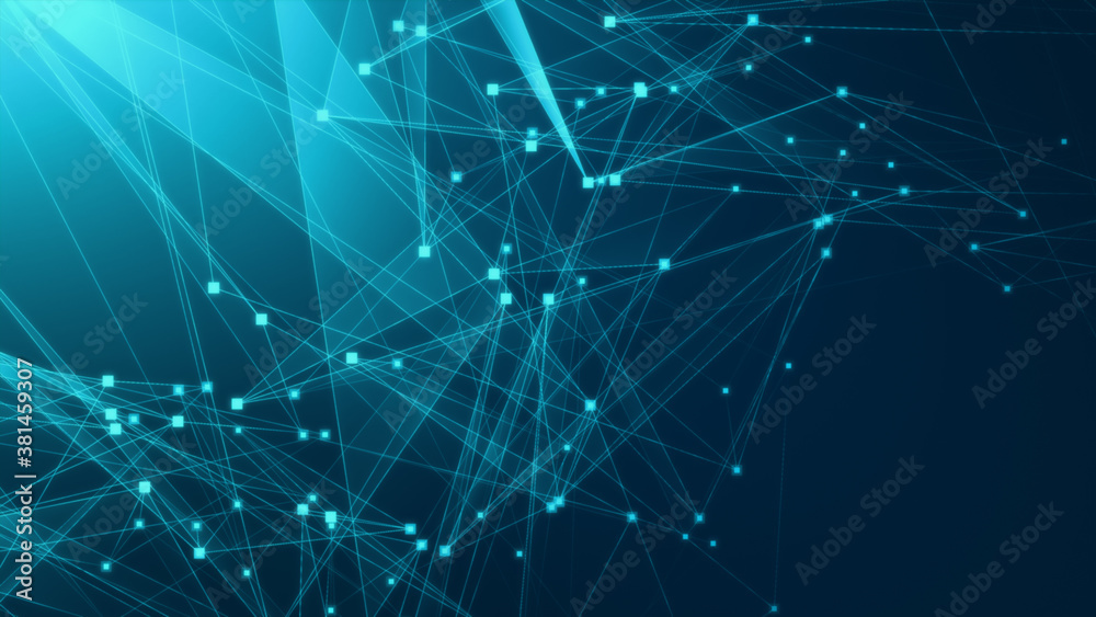 Obraz premium Abstract blue green polygon tech network with connect technology background. Abstract dots and lines texture background. 3d rendering.