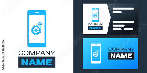 Logotype Setting on smartphone screen icon isolated on white background. Mobile and gear. Adjusting app, set options, repair, fixing phone concepts. Logo design template element. Vector.