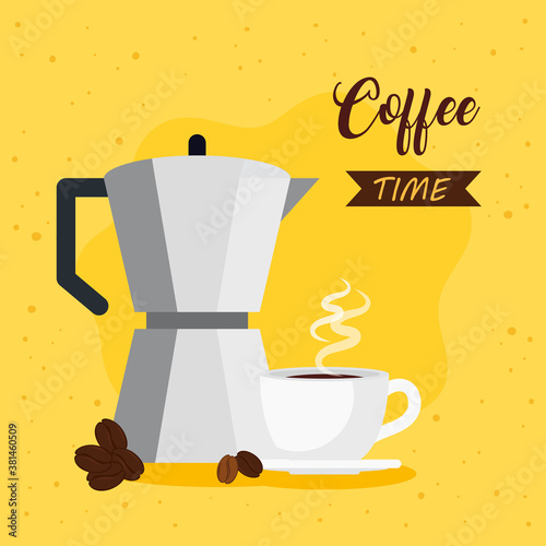 coffee time banner with moka pot and cup ceramic vector illustration design