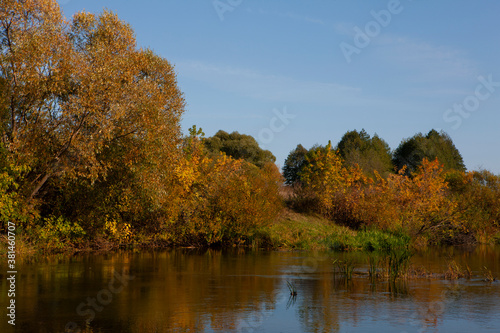 Colorful reflection of the autumn forest and blue sky in the river. Russia,