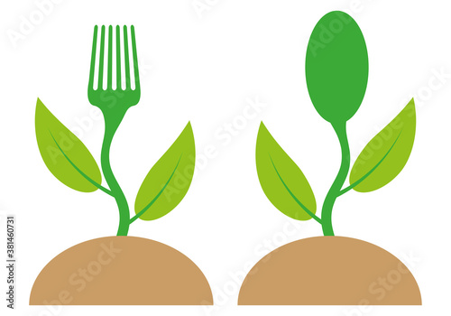 Brote verde de una planta en forma de tenedor y cuchara.