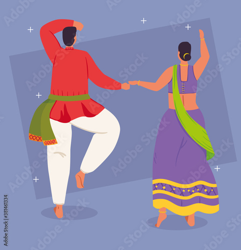 couple indian of back with clothes traditional dancing vector illustration design