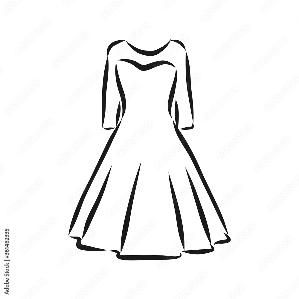 women's dresses. Hand drawn vector illustration. Black outline drawing isolated on white background women's dress, vector sketch illustration