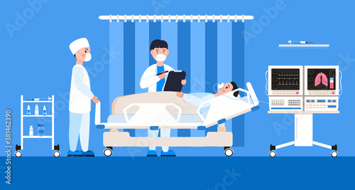 Reanimation equipment for unconscious patients. Intensive care unit clinic with air oxygen sensor for medical ventilation. Doctors treat patient with coronavirus vector.