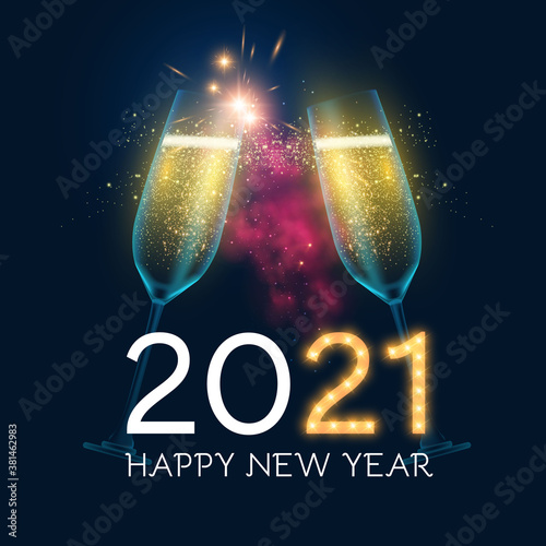 Merry Christmas and Happy New 2021 Year background with champagne glasses, lights and bokeh effect.